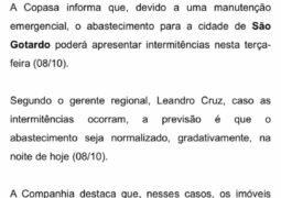 COPASA INFORMA: Bairros de São Gotardo ficarão sem água nesta terça-feira devido a manutenções na rede